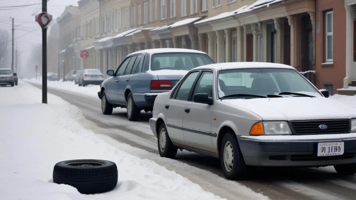 Зимна гума до калника на паркирана кола на заснежен тротоар